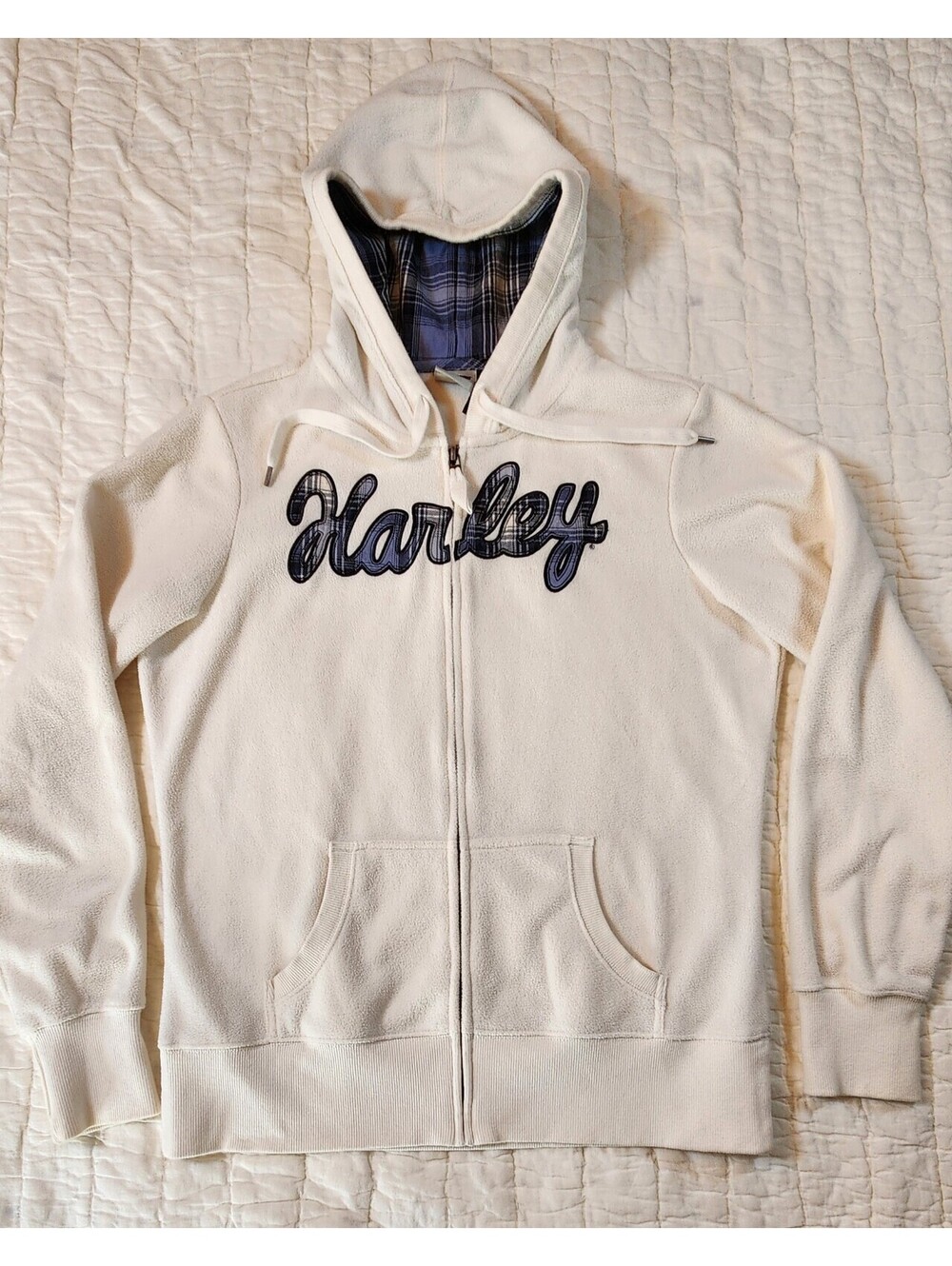 Harley Davidson Women's Hoodie Fleece Off White Plaid Hood/Spellout Full Zip L